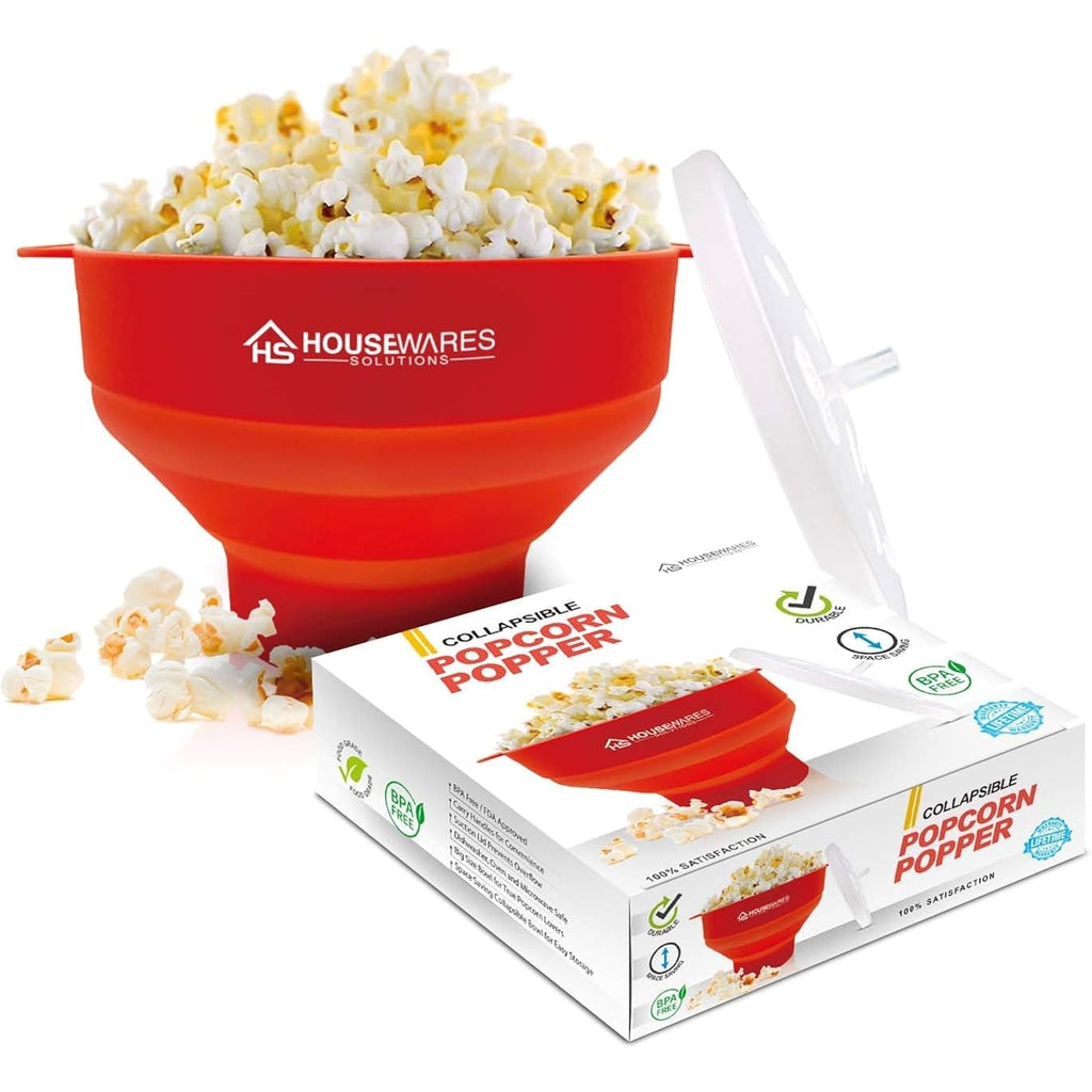 Collapsible Silicone Microwave Hot Air Popcorn Popper Bowl With Lid And Handles - Red