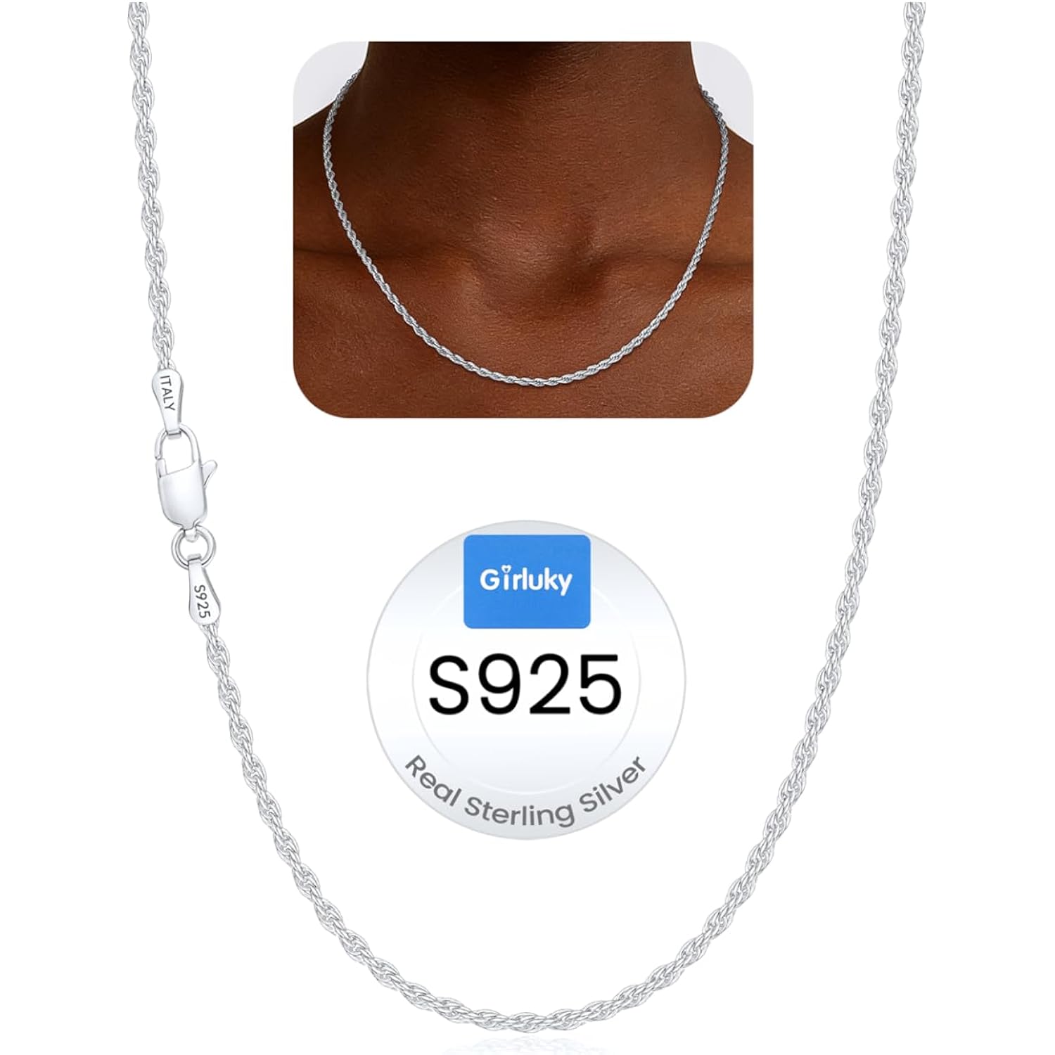 1.5mm 2mm Rope Chain 925 Sterling Silver Chain Necklace for Women, Sturdy Durable Women's Chains Necklace, 16 18 20 22 24 26 Inch
