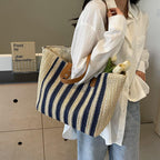 Handmade Woven Striped Tote Bag,Vintage Shoulder Bag,Summer Straw Beach Bag For Women,Blue,1 Piece