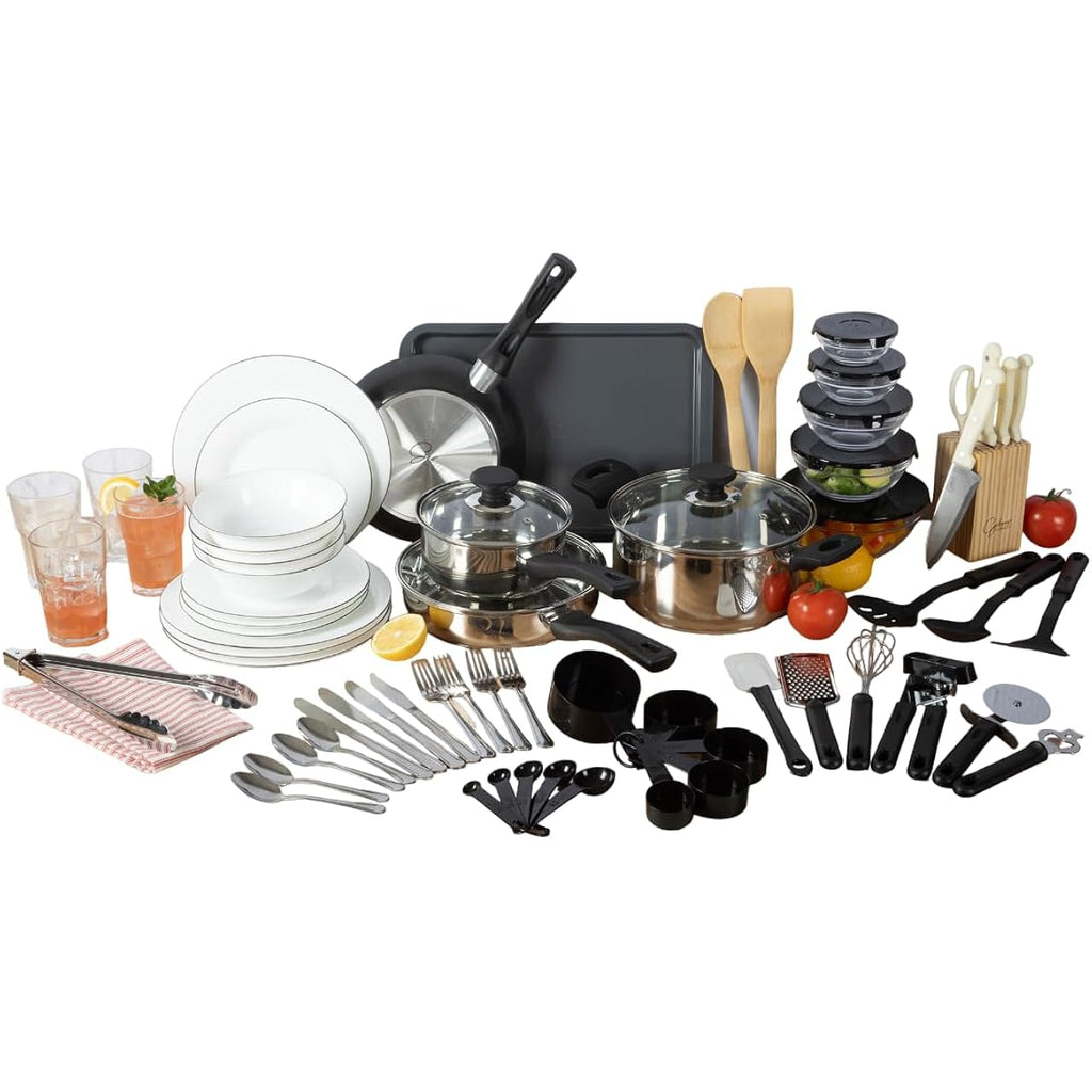 Gibson Home 74 Piece Kitchen in a Box Pots and Pans Cookware, Plates and Bowls Dinnerware, Cutlery Knife Block, Flatware Utensils, Tools & Gadgets, Storage, Glasses Set