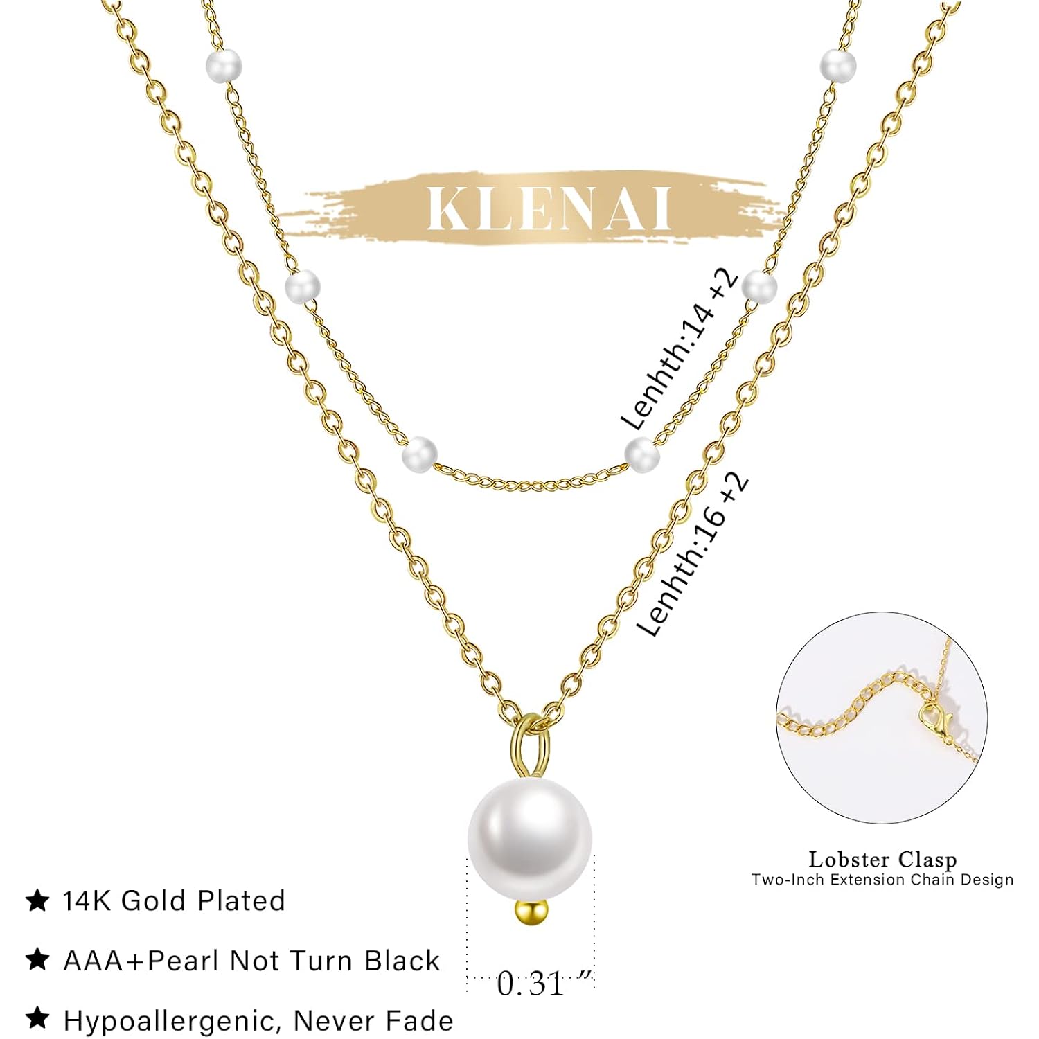 Gold Pearl Necklace for Women, 14K Gold Plated Layered Pearl Necklaces for Women Trendy Simple Herringbone Chain Pearl Necklace for Women Gold Jewelry Gifts
