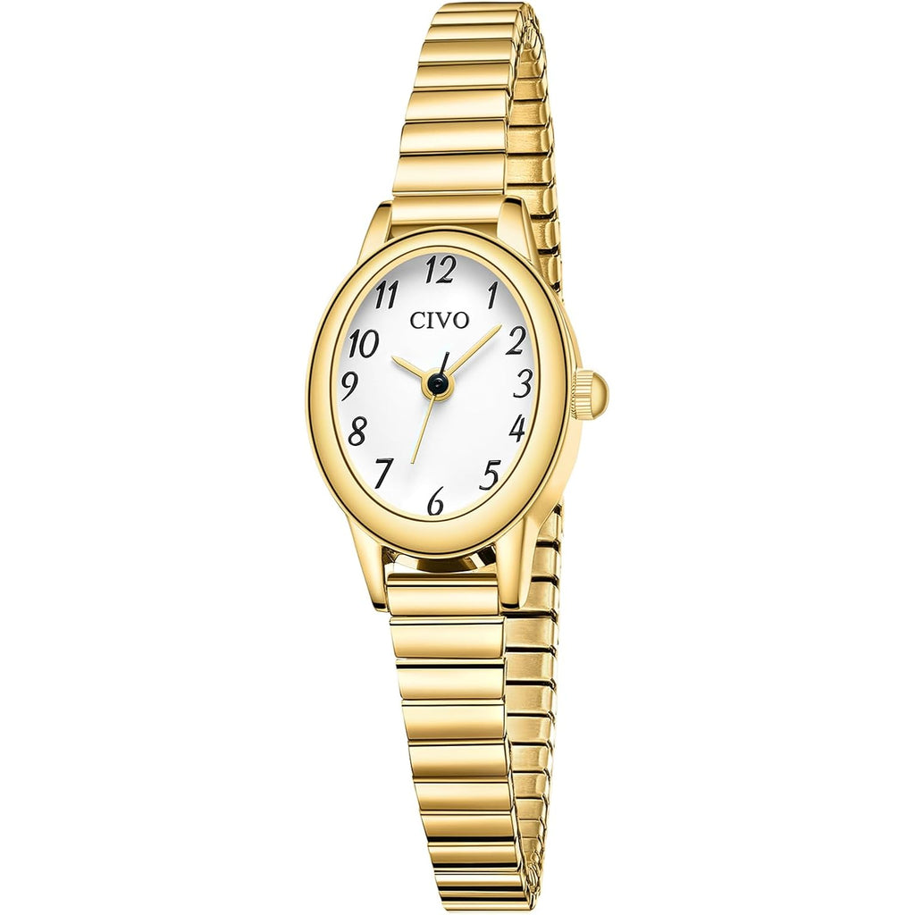 Civo Small Gold Watches For Women: Stretch Expansion Band Easy Read Watch | Dainty Oval Analog Ladies Watch For Small Wrists Under 5.9", Arabic Numerals, Daily Wear Gift For Mom Wife Daughter Birthday