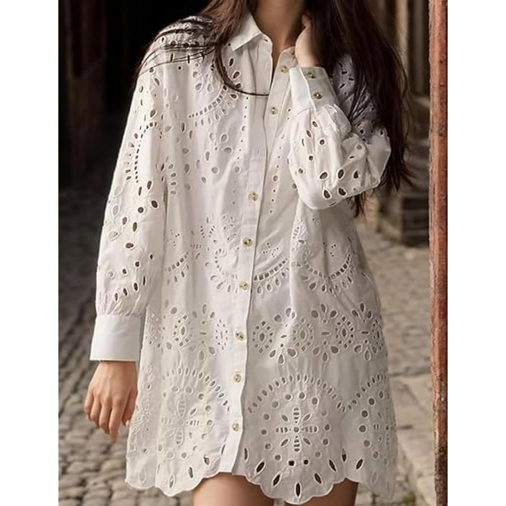Chartou Women Eyelet Lace Dress Button Down Shirt Loose Fit Summer Casual Mini Dress