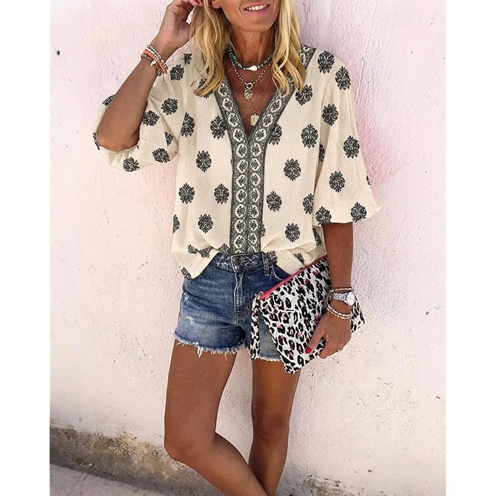 Chicme Women'S Casual V Neck Blouse Floral Boho Summer Tops Lantern Sleeve Loose Fit Tunics Flowy Vacation Clothes