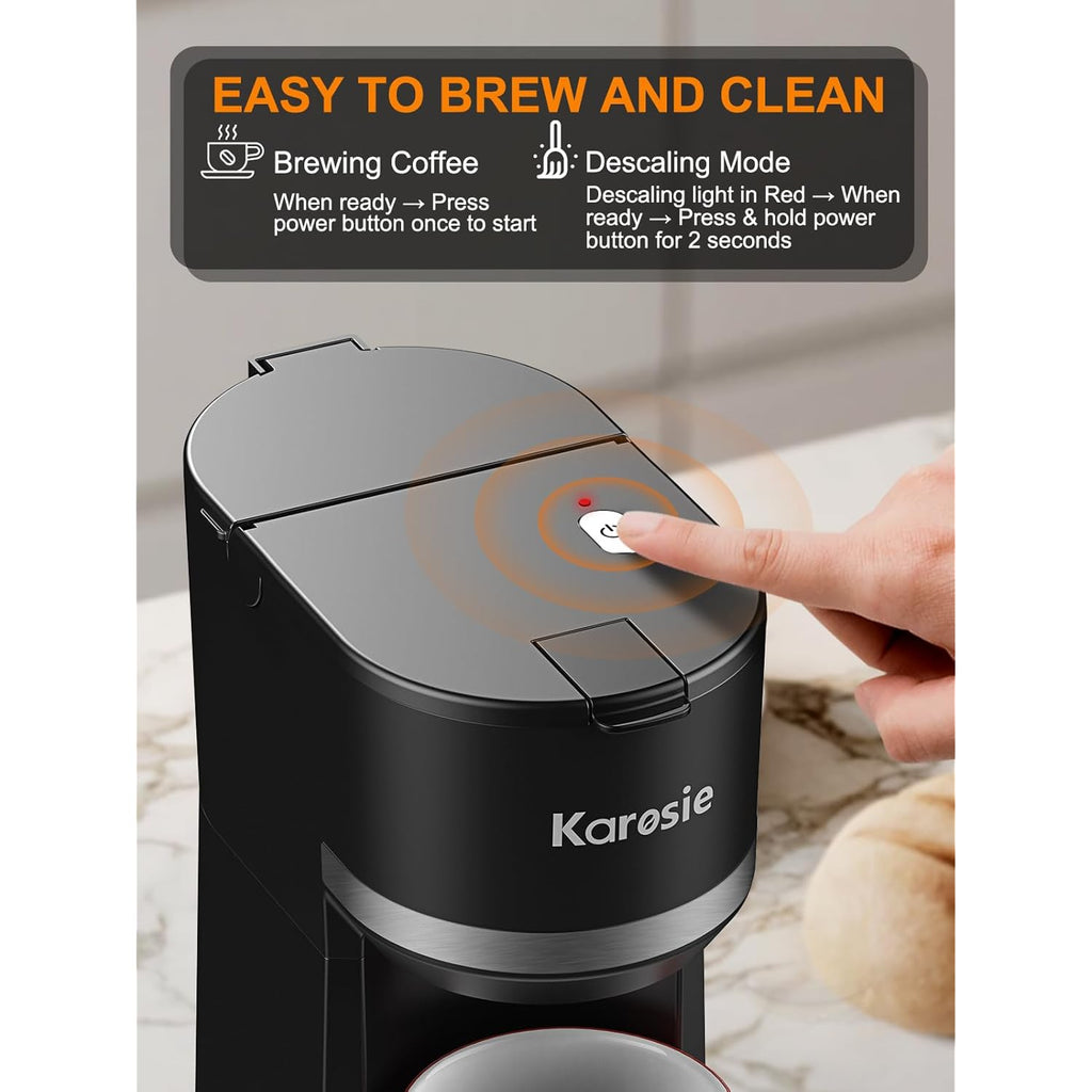 Single Serve Coffee Maker for K-Cup and Grounds, Fast Brew, 6-12 oz Brew Sizes Single Cup Coffee Maker Fits 5.5" Mugs, One-Button Small Coffee Maker, Descaling Reminder,Black,9.45 Inches