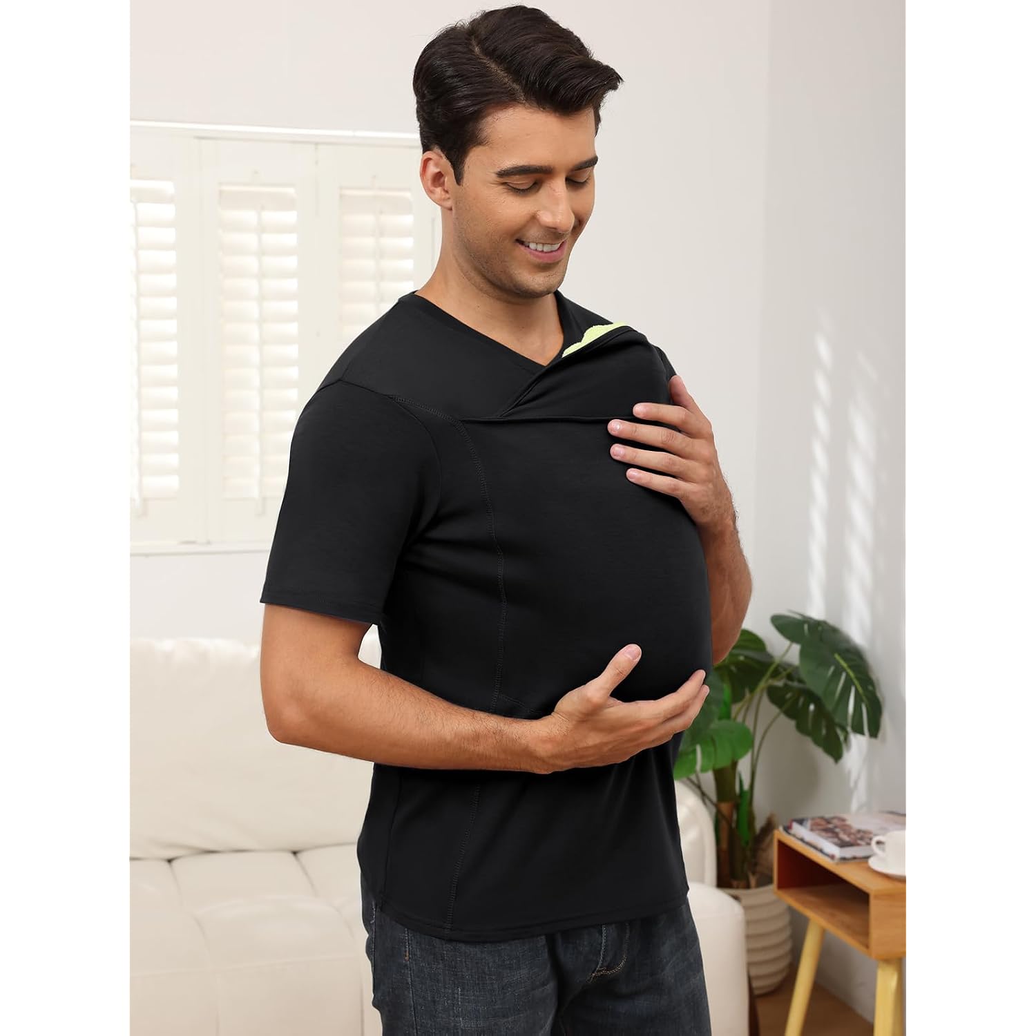 Mens Baby Carrier Shirt Dad Shirt For Men Short Sleeve Baby Wearing T-Shirt V Neck Pocket Tee Shirts