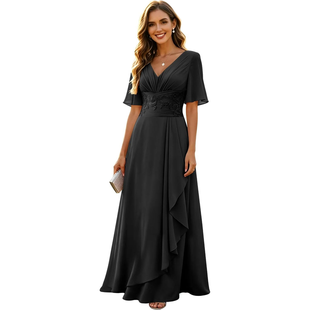 Mother Of The Bride Dresses For Women 2026 Long Chiffon V Neck A Line Lace Appliques Short Sleeves Formal Evening Gown