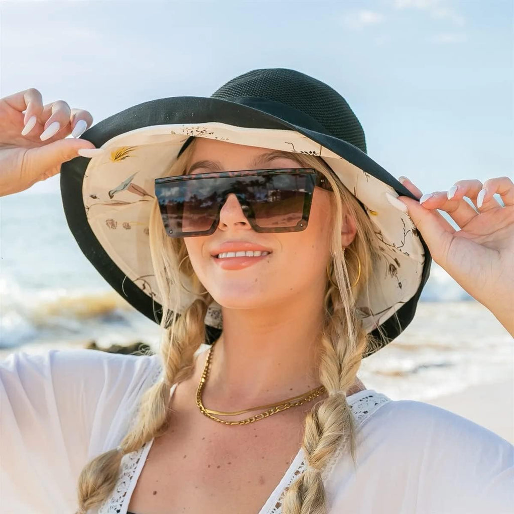 Women Summer Sun Hat Floral Beach Hat Wide Brim Uv Protection Packable Bucket Cap For Vacation Travel