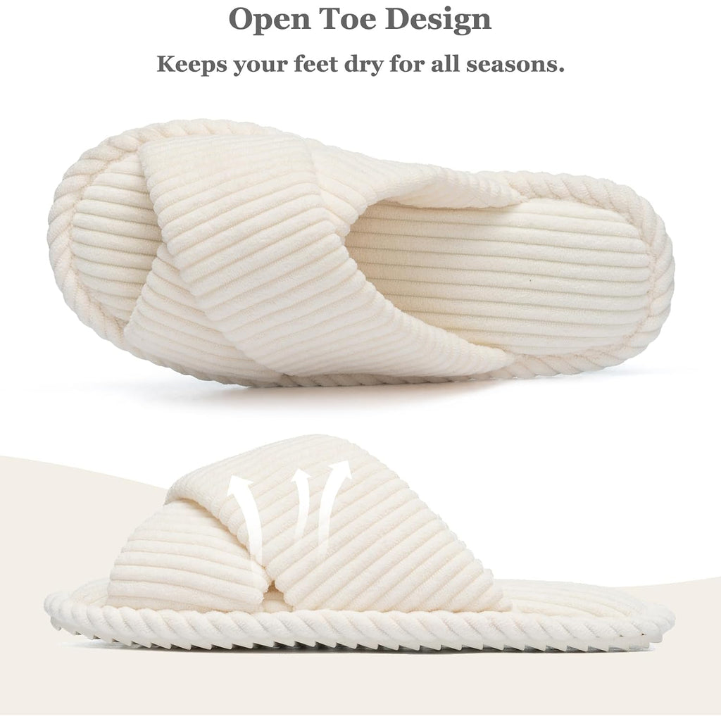 Slippers For Women Memory Foam House Bedroom Corduroy Crossbands Open Toe Slides Sandals Shoes Comfy Trendy Gift For Womens Anti-Skid Sole