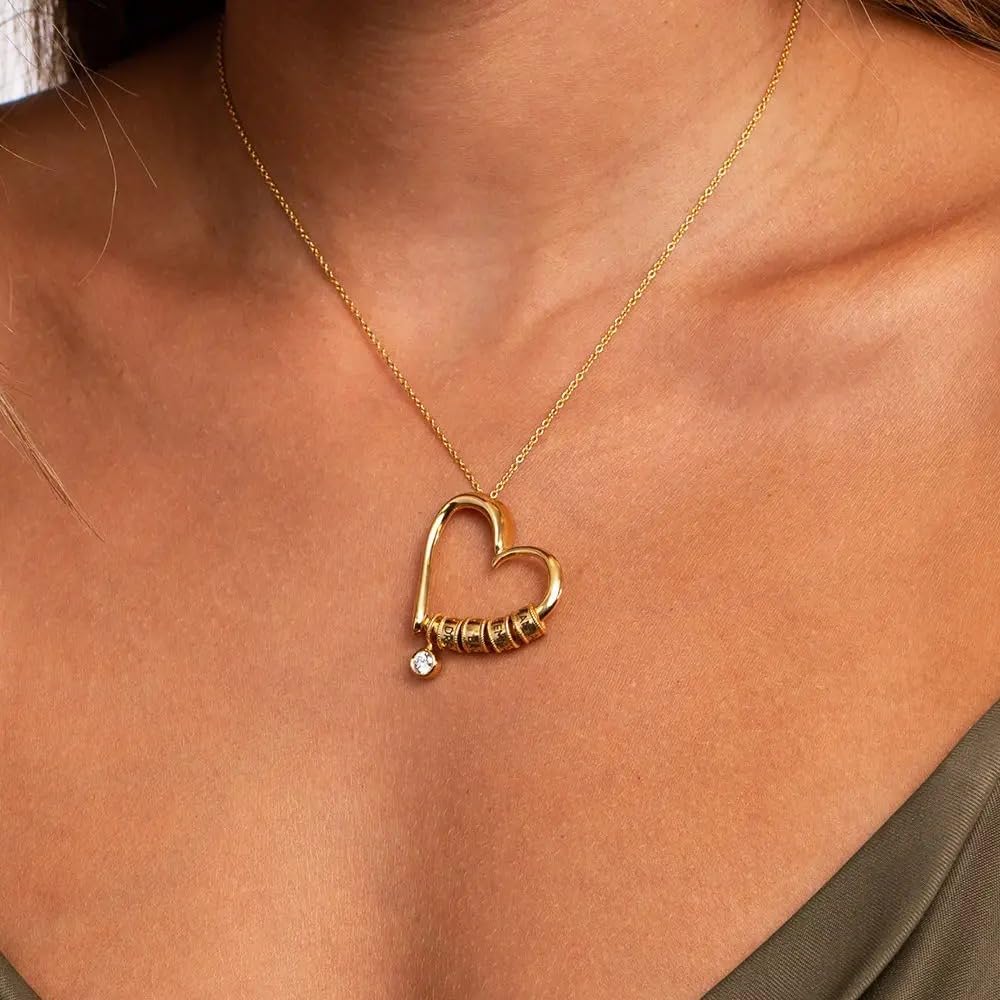 Personalized Charming Heart Necklace with Engraved Beads - Dainty Gift for Mom, Grandma, Her, Women - Custom Jewelry for Mother's day