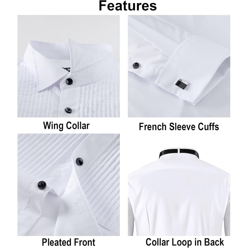 Men'S White Tuxedo Shirt With Wing Collar, French Cuffs & Accessories