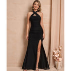 Women Bodycon Maxi Dress High Slit Halter Tie Ruched Long Formal Cocktail Wedding Guest Dresses