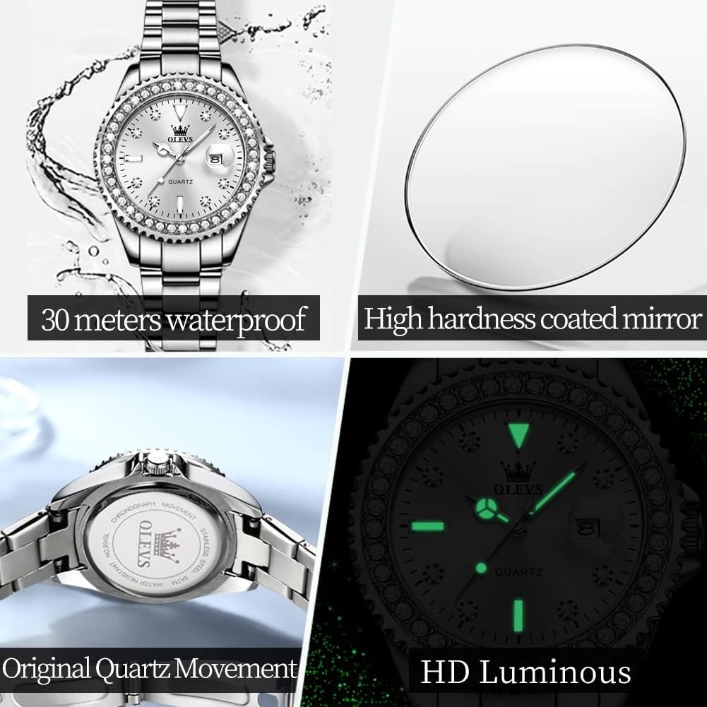 OLEVS Watches Women with Date Silver Stainless Steel Luxury Ladies Watches with Small Writs Diamond Watches for Women Waterproof Elegant Dress Quartz Analog Women's Wrist Watches Reloj de Mujer