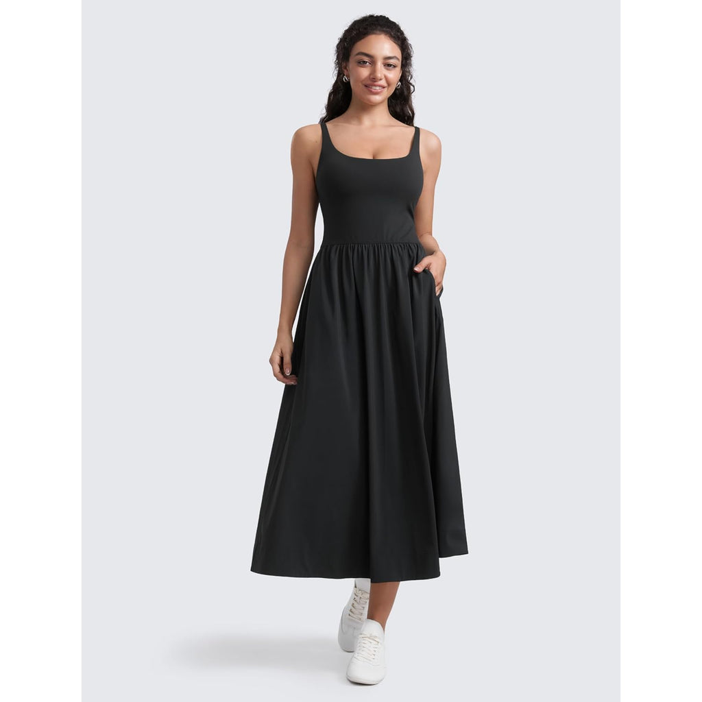 Crz Yoga Square Neck Maxi Dress For Women - Flowy Sleeveless Padded Travel Casual Outfits With Side Pockets