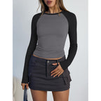 Trendy Queen Women'S Long Sleeve Shirts Slim Fit Stretchy Color Block Slightly Cropped Tops