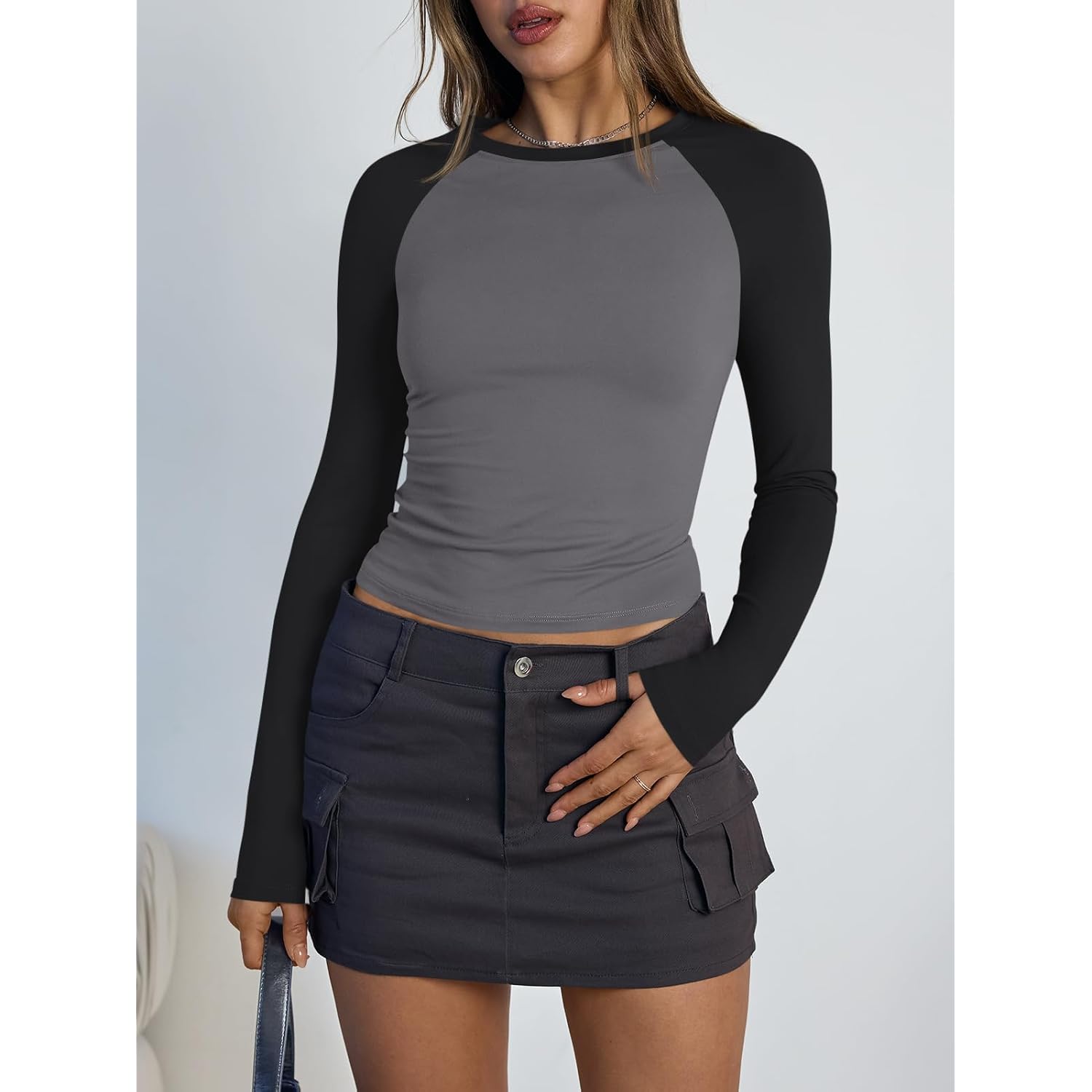 Trendy Queen Women'S Long Sleeve Shirts Slim Fit Stretchy Color Block Slightly Cropped Tops