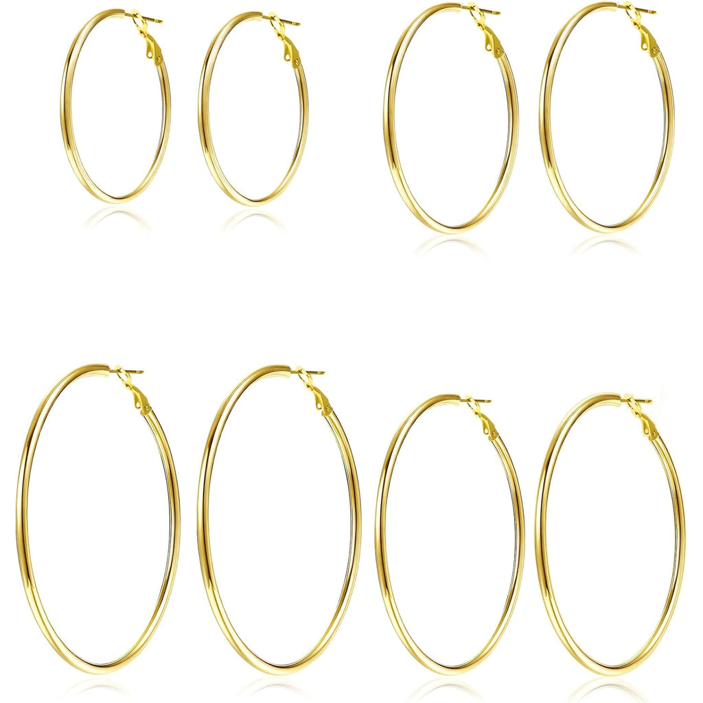 4 Pairs Silver Gold Hoop Earrings for Women 30/40/50/60 mm Stainless Steel 14K Gold Plated Hoop Earrings Hypoallergenic Big Thin Lightweight Dangle Set
