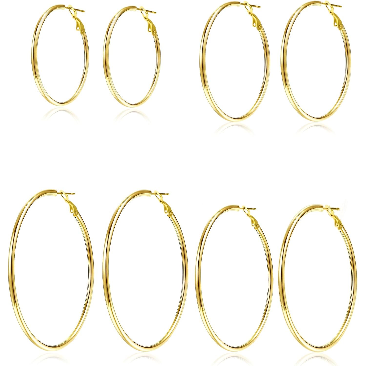 4 Pairs Silver Gold Hoop Earrings for Women 30/40/50/60 mm Stainless Steel 14K Gold Plated Hoop Earrings Hypoallergenic Big Thin Lightweight Dangle Set
