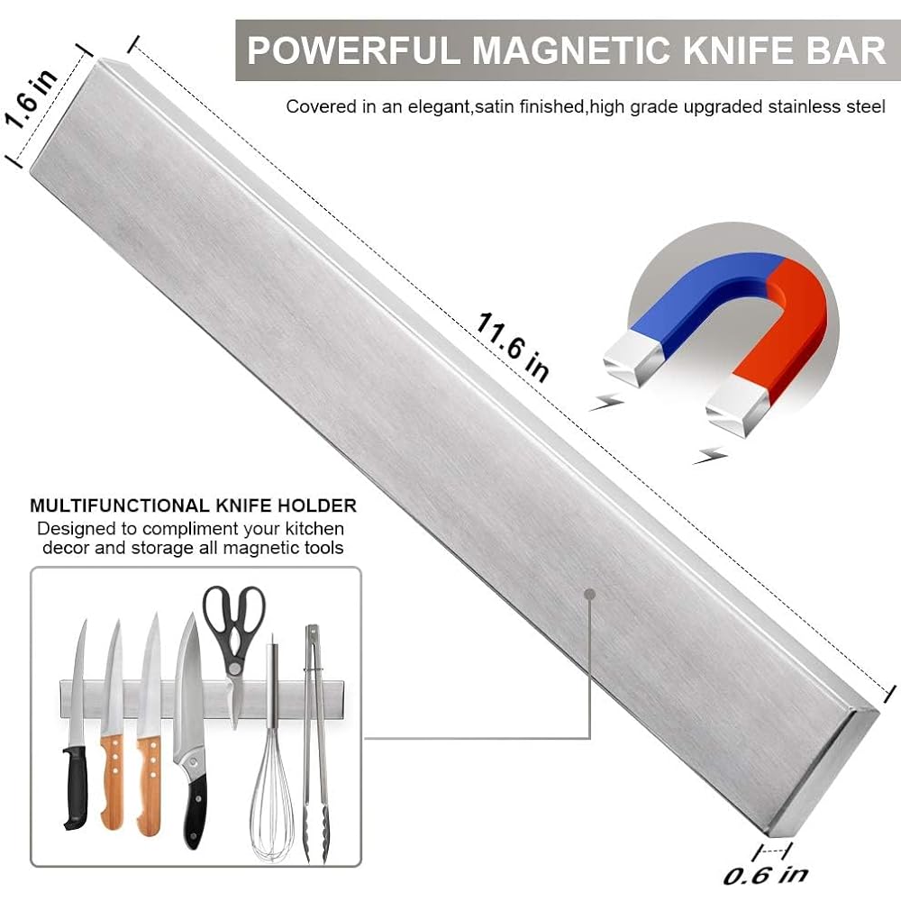 Ninonly 12 Inch Magnetic Knife Strip, Premium Stainless Steel Wall Mounted Kitchen Knives Bar,Space-Saving Powerful No Drilling Magnetic Knife Rack For Home Kitchen Utensil Holder & Tool Holder