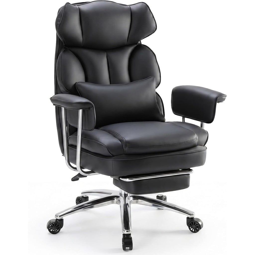 Dumos Home Office Desk Executive Chair - Ergonomic Big Tall High Back With Footrest & Lumbar Support, Reclining Height Adjustable, Comfy Pu Leather Computer Gaming With Swivel Wheels, Black