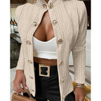 Chicme Women Argyle Cable Cardigan Casual Lightweight Cropped Coat Stand Collar Long Sleeve Metal Button Front Spring Jackets