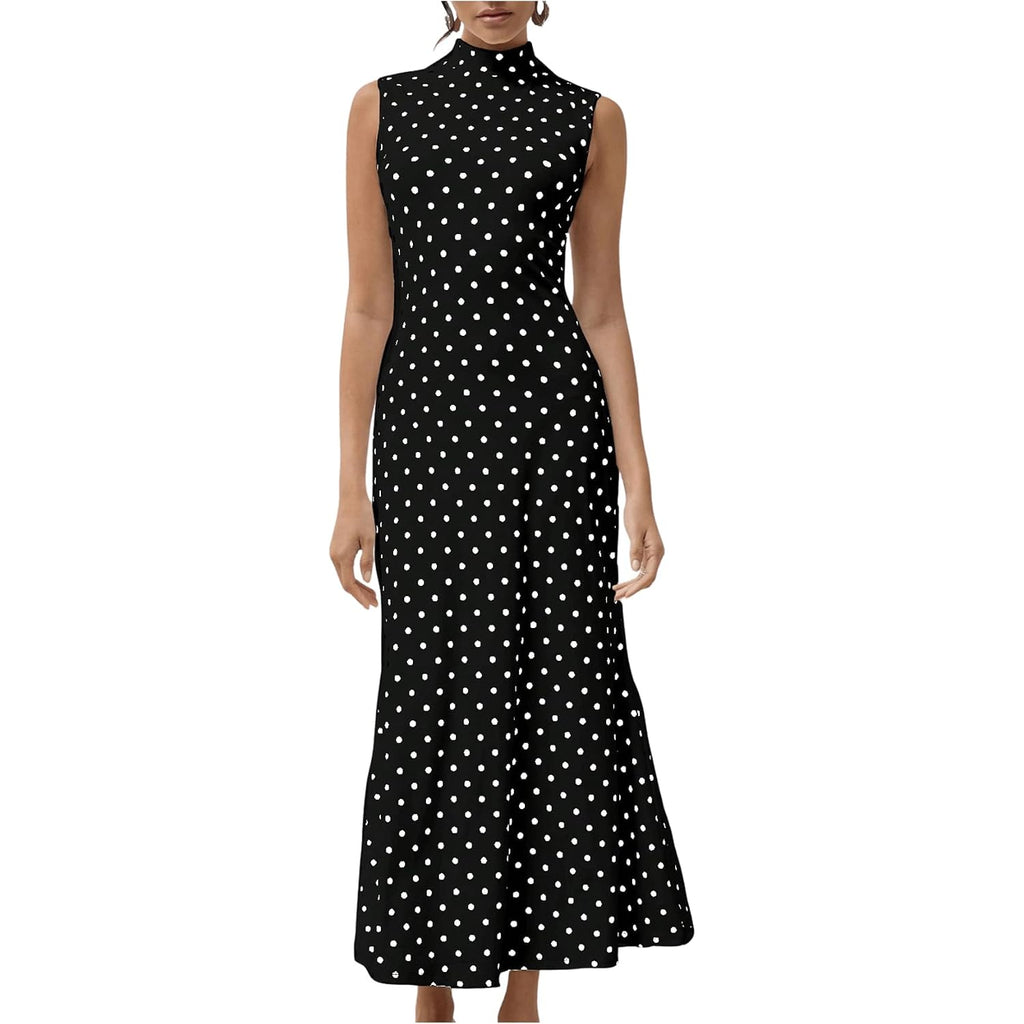 Milumia Women'S Polka Dots Maxi Tank Dress Vintage Mock Neck Sleeveless Elegant Long Dresses