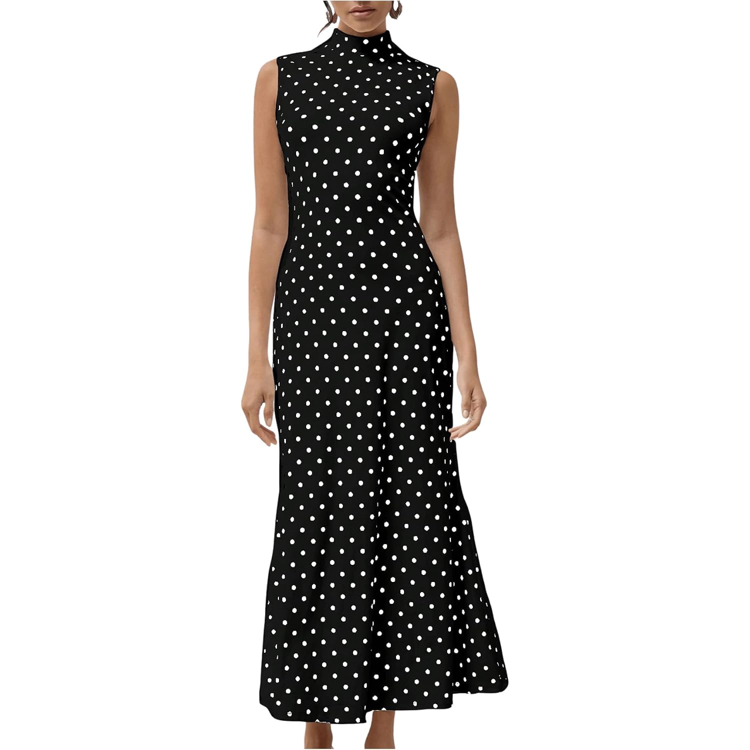 Milumia Women'S Polka Dots Maxi Tank Dress Vintage Mock Neck Sleeveless Elegant Long Dresses