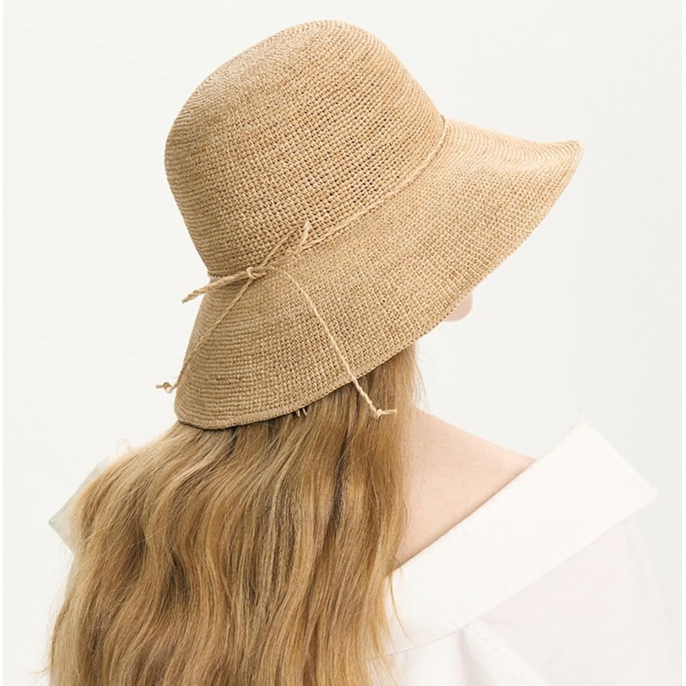 Women'S Raffia Straw Hat Summer Beach Bucket Hat Handmade Natural Raffia Woven Sun Hats Foldable Floppy Cap