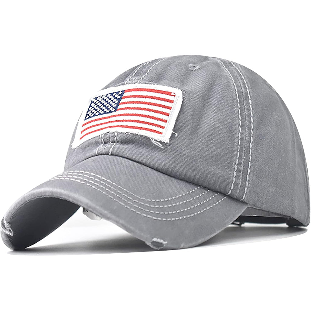 Women American Flag Ponytail Hat Embroidery Washed-Cotton Messy Bun Baseball-Cap Adjustable Grey