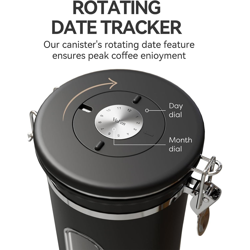 Veken Coffee Canister With Window,Airtight Stainless Steel Pantry Container,Kitchen Food Storage Organizers For Beans,Ground,Espresso,Rice,Tea,Sugar, Cereal, Bar Accessories,Gifts,Lids,Jars,22Oz,Black