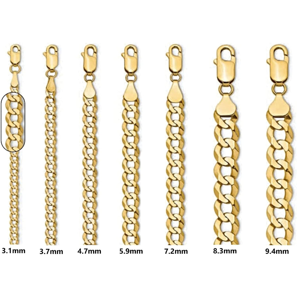 Roy Rose Jewelry Flat Cuban Link Leightweight Chain Necklace 14K Yellow Gold - 3mm, 3.7mm, 4.7mm, 5.9mm, 7.2mm, 8.3mm, 9.4mm Widths
