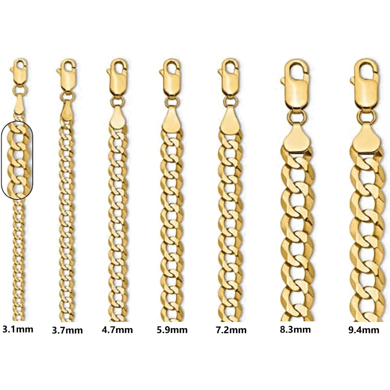 Roy Rose Jewelry Flat Cuban Link Leightweight Chain Necklace 14K Yellow Gold - 3mm, 3.7mm, 4.7mm, 5.9mm, 7.2mm, 8.3mm, 9.4mm Widths