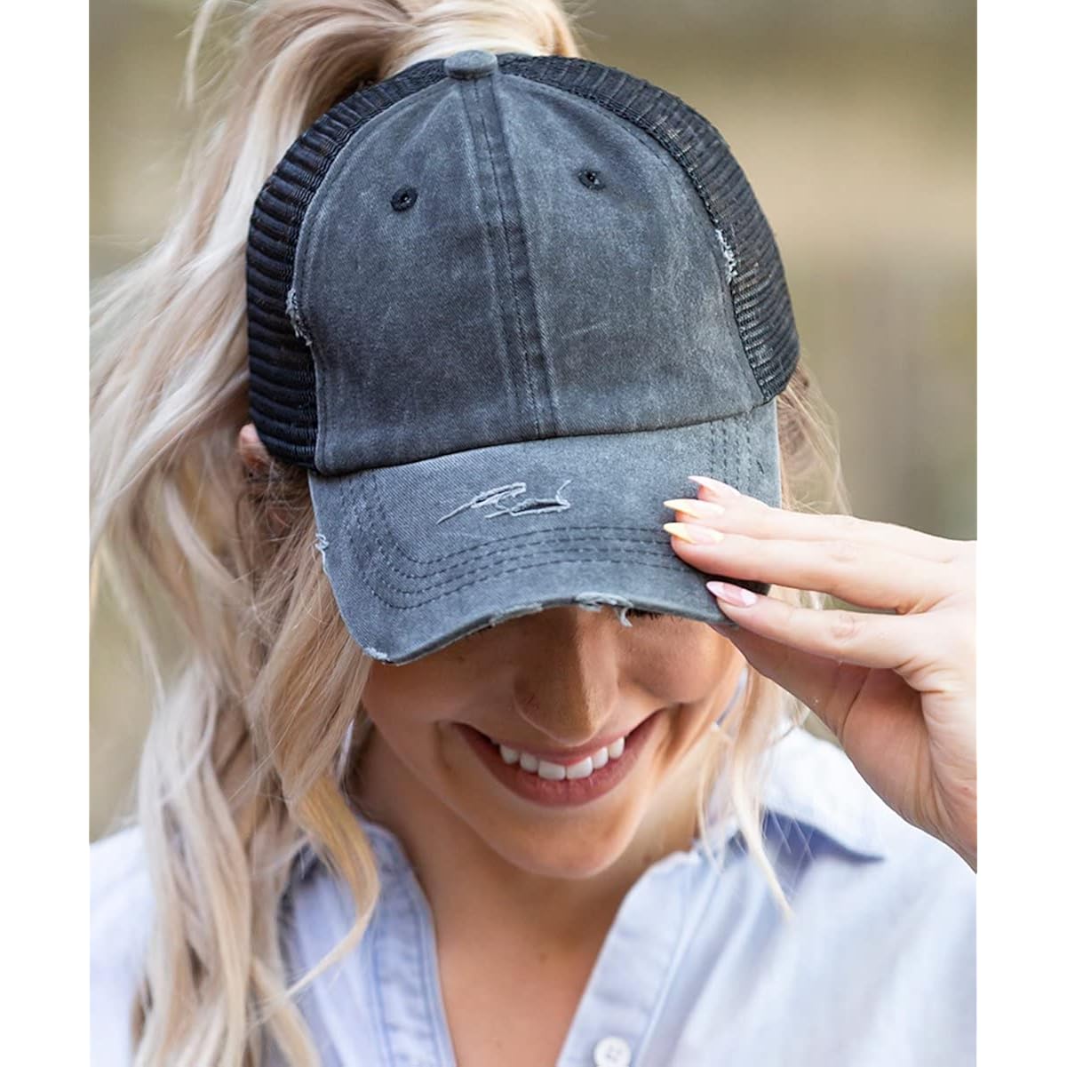 Distressed Ponytail Hats Baseball For Women Messy-Bun Pony Caps