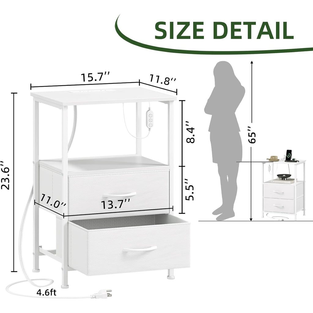Somdot White Nightstand With Charging Station And Led Light For Bedroom, 2 Drawers Dresser With Fabric Bins For Bedside Kids Dorm Room Closet Laundry Entryway, White Leather