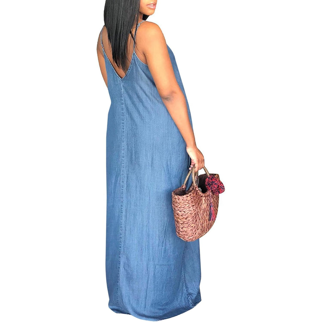 Chuanqi Womens Summer Spaghetti Strap Dresses Casual Denim Deep V Neck Loose Maxi Dress