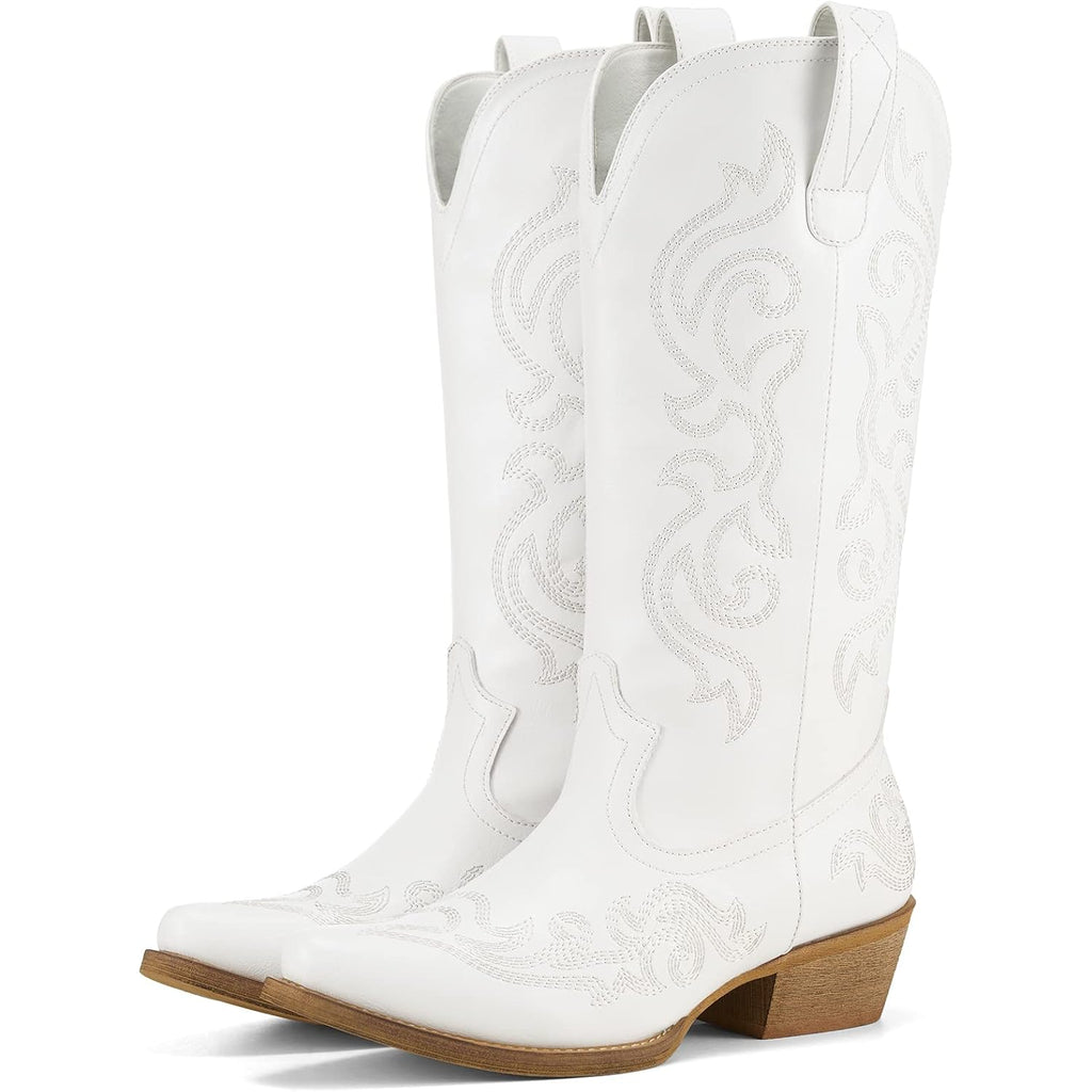 Hisea Rollda Cowboy Boots For Women Western Cowgirl Boots With Chunky Heel Ladies Snip Toe Mid-Calf Boots