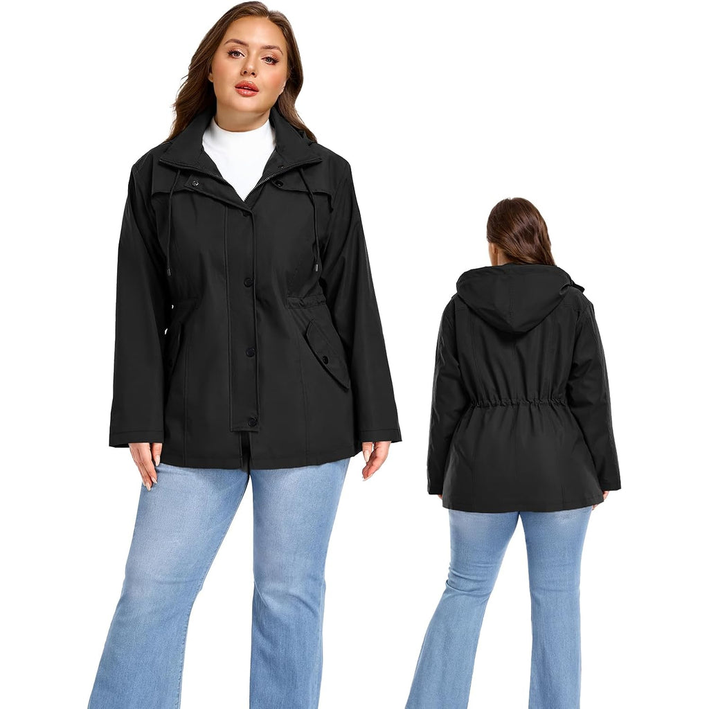 Saphirose Women'S Plus Size Rain Jacket Waterproof Rain Coat | Raincoat, Windbreaker, Lightweight, With Hood, Lining, Drawstring Waist, Snap Pockets, Daily Wear, Hiking, Outdoor, Travel