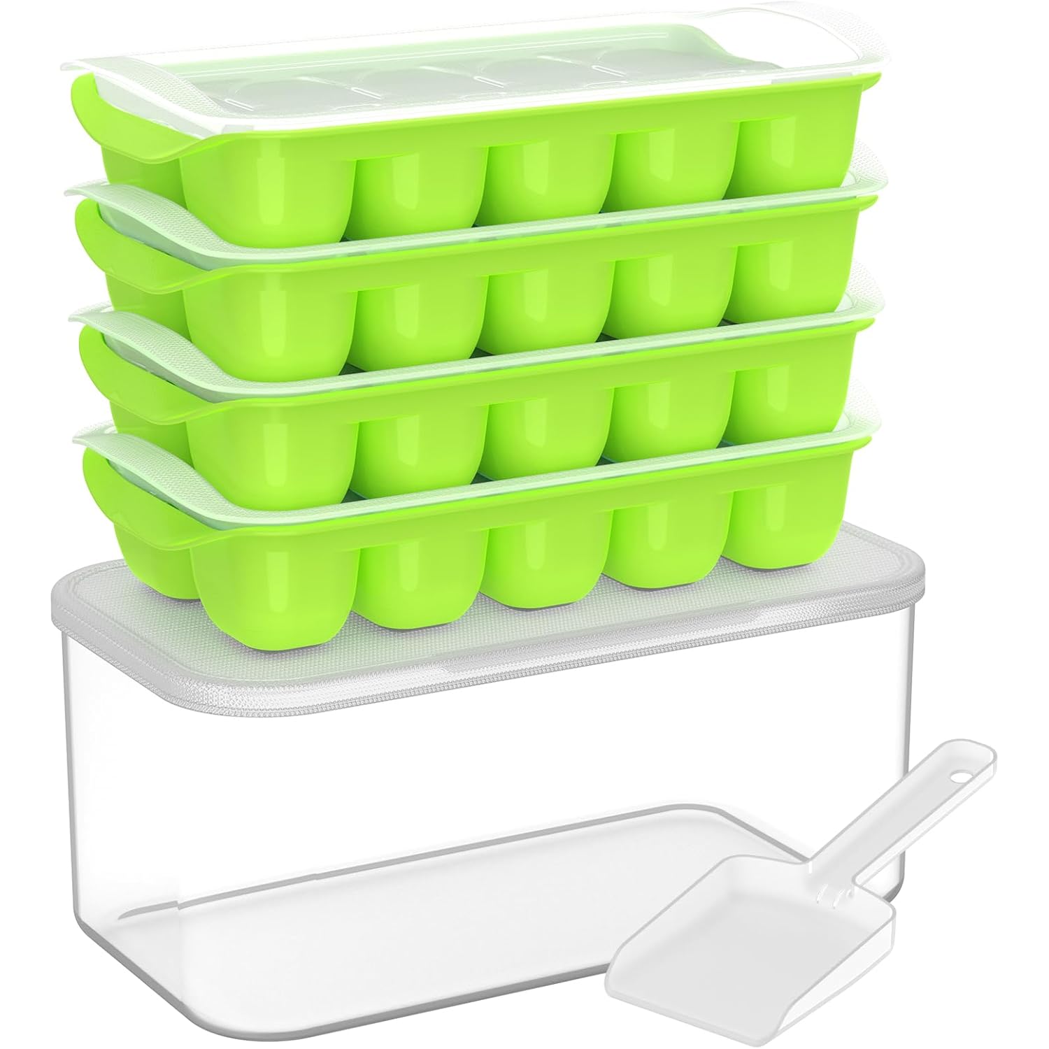 DOQAUS Ice Cube Tray with Lid and Bin - 4 Pack Ice Bucket Kits, Stackable Silicone Ice Trays for Freezer, Easy Pop Out, BPA Free for Cocktail, Coffee, Soup, Food, RV, Kitchen