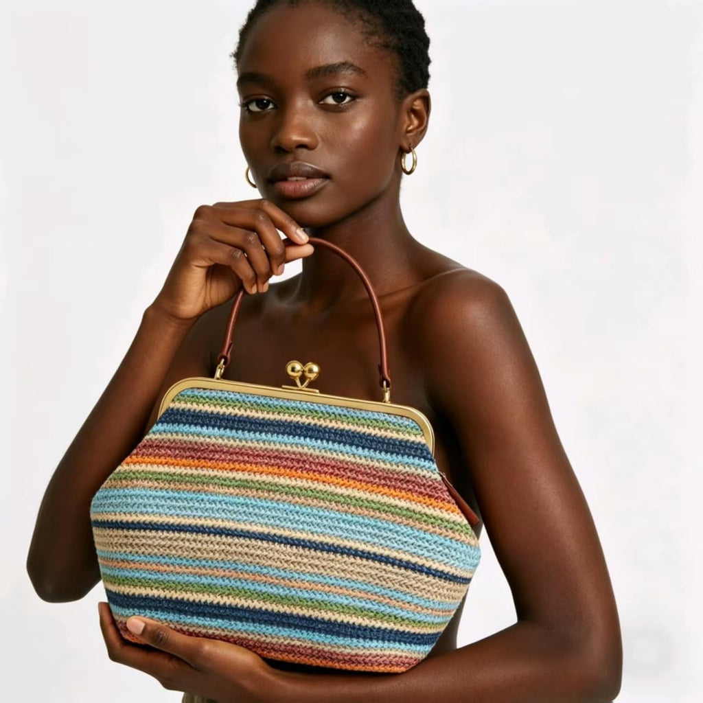 Kiss Lock Purses And Handbags Straw Purse Large Kisslock Bag Kiss-Lock Woven Bag Kiss Clasp Shoulder Handbag Summer Vacation