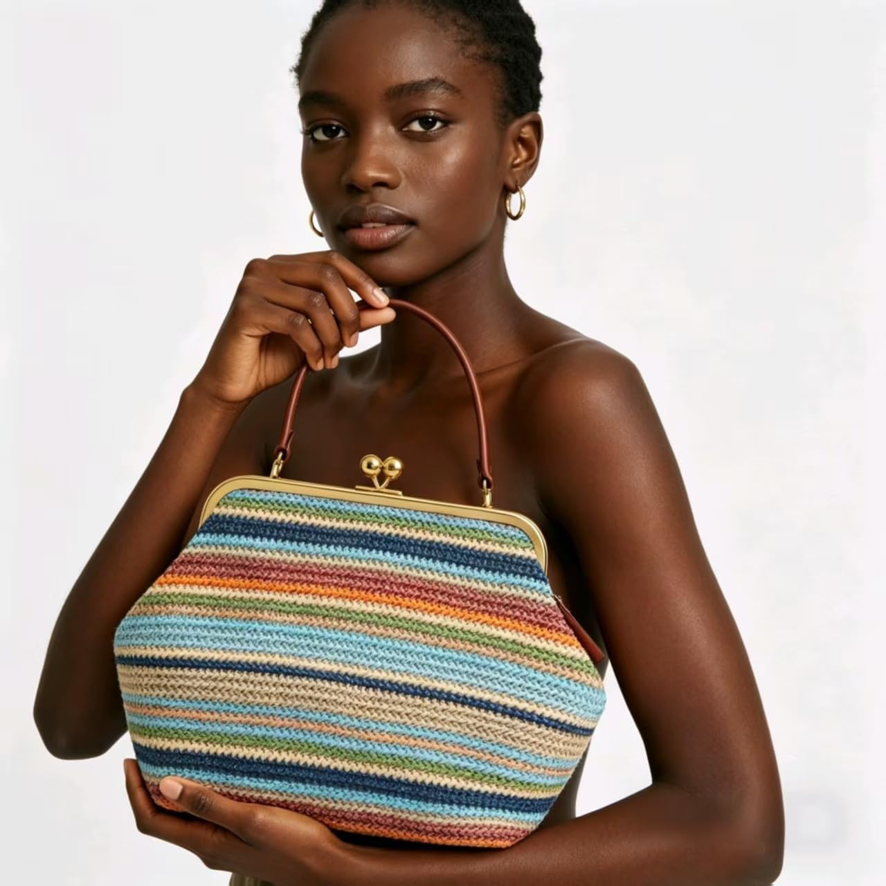 Kiss Lock Purses And Handbags Straw Purse Large Kisslock Bag Kiss-Lock Woven Bag Kiss Clasp Shoulder Handbag Summer Vacation