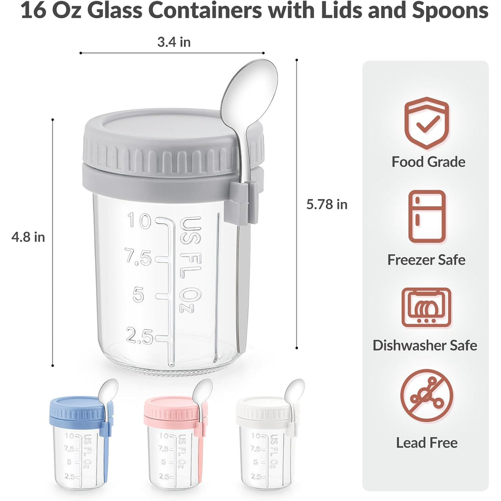 4 Pack Overnight Oats Containers With Lids And Spoons - Drkio 16 Oz Glass Mason Jars For Overnight Oats Leak Proof Oatmeal Container Great For Cereal Fruit Vegetable Milk Salad Yogurt Meal Prep