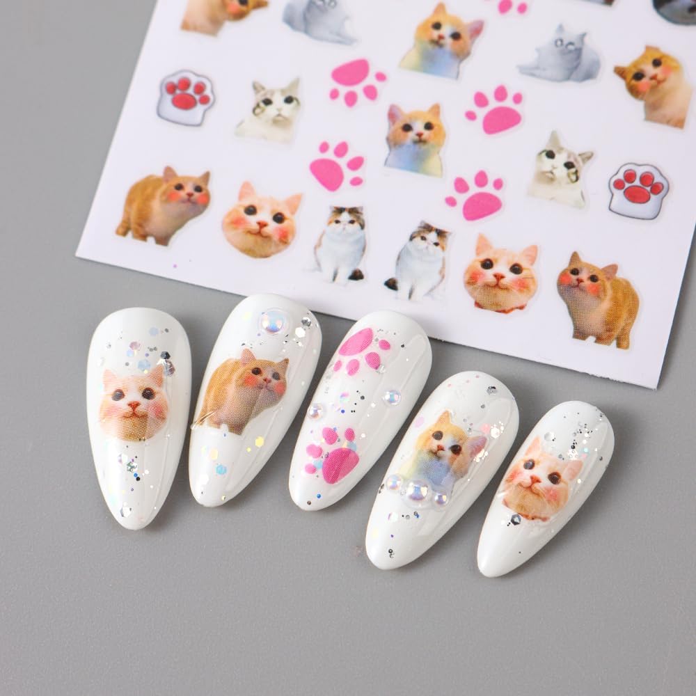 Cute Cat Nail Stickers 3 Sheets Heart Nail Decals Stickers for Nails Art Design Self-Adhesive Sticker DIY Nail Art Decoration Handmade Nails Supplies