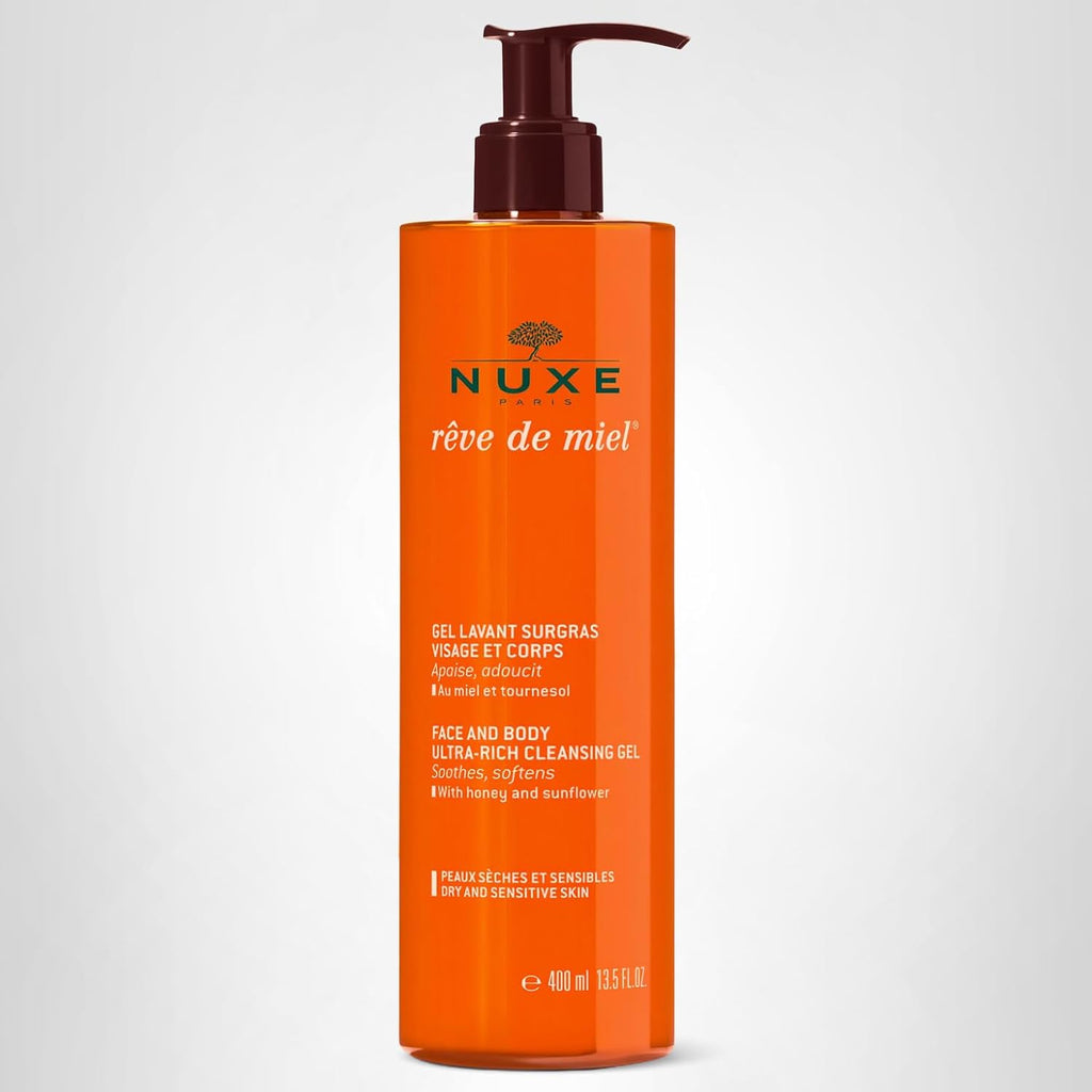 Nuxe Ultra Rich Cleansing Gel Face & Body Wash With Honey & Sunflower, Rêve De Miel Gentle Shower Gel Moisturizing Daily Cleanser, For Dry, Sensitive Skin, 13.5 Fl Oz