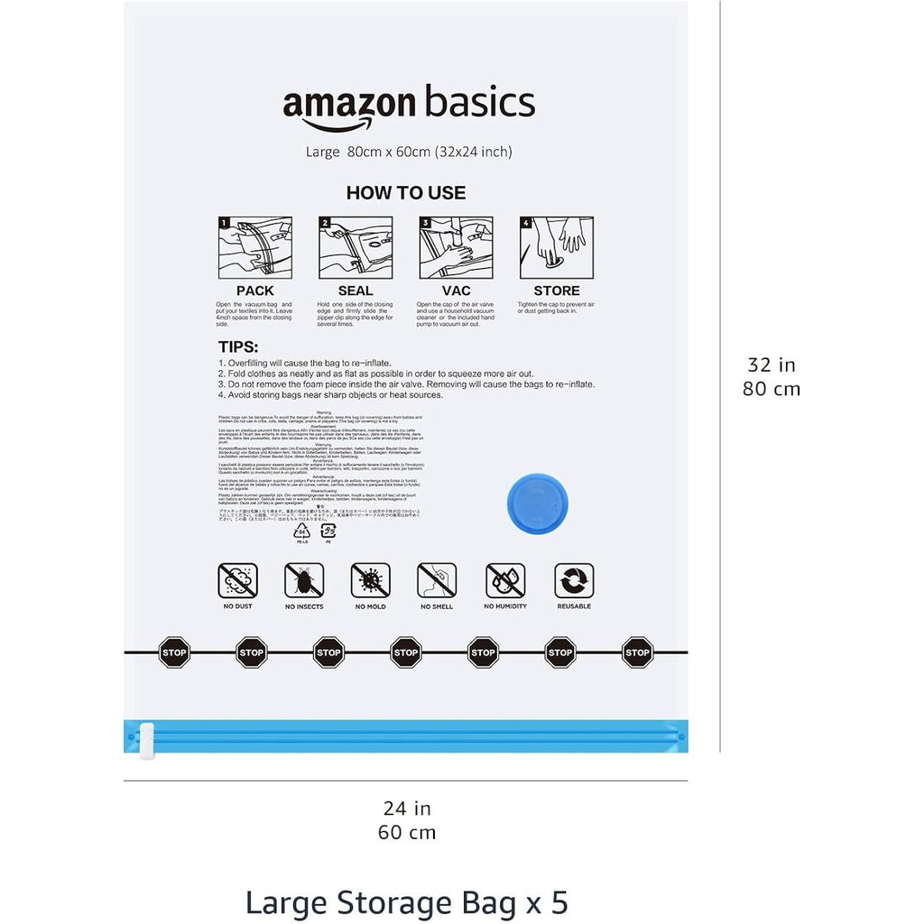 Amazon Basics Vacuum Storage Bags, Compression Space Saving For Clothes And Linens, Reusable With Hand Pump, Large, Clear, 5-Pack