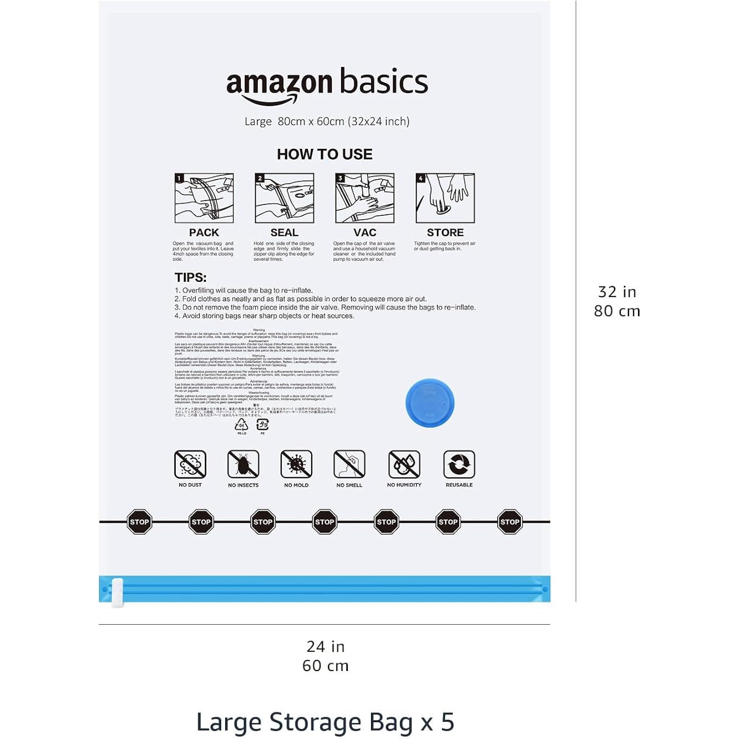 Amazon Basics Vacuum Storage Bags, Compression Space Saving For Clothes And Linens, Reusable With Hand Pump, Large, Clear, 5-Pack