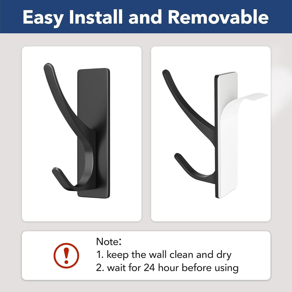 pickpiff Self Adhesive Coat Hooks for Hanging: Heavy Duty Stainless Wall Hook for Towel, Backpack, Hat, Sturdy Metal Hanger for Bathroom, Bedroom, Door, 4-Pack, Matt Black