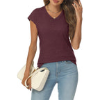 Womens V Neck T Shirts Spring Summer Cap Sleeve Basic Tees Trendy Cute Tops for Work Dressy Casual Beach Vacation