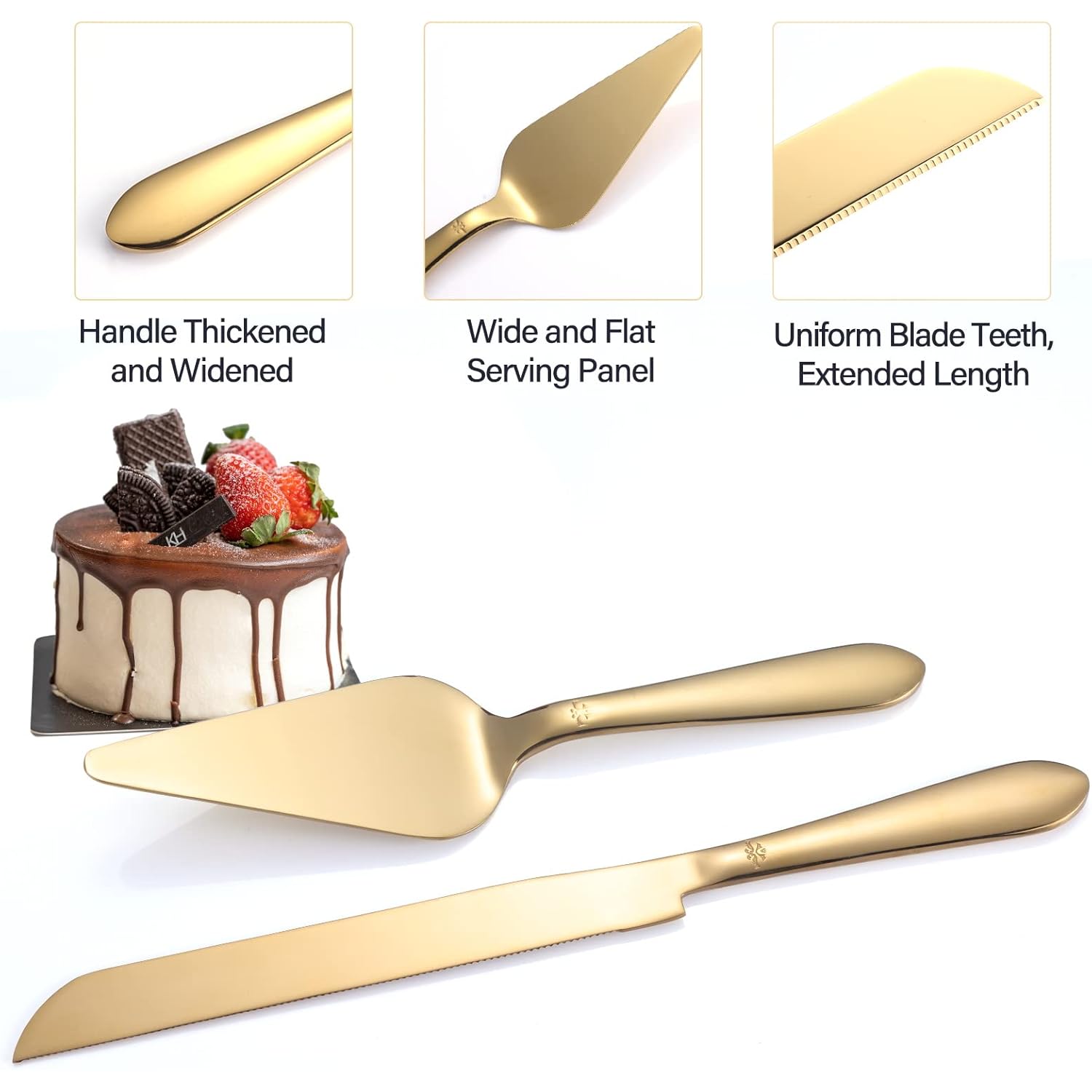 Eisinly Cake Cutting Set for Wedding, Elegant Cake Knife and Server Set with Thickened Stainless Steel Rounded Edges, Cake Cutter Pie Spatula for Birthday Anniversary, 2 Pcs, Gold