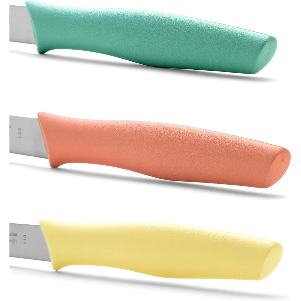Arcos Paring Knife Set of 3 Pieces 4 Inch Stainless Steel. Colorful Kitchen Knives for Peeling Fruits and Vegetables. Ergonomic Polypropylene Handle. Series Nova. Color Orange, Yellow and Blue.