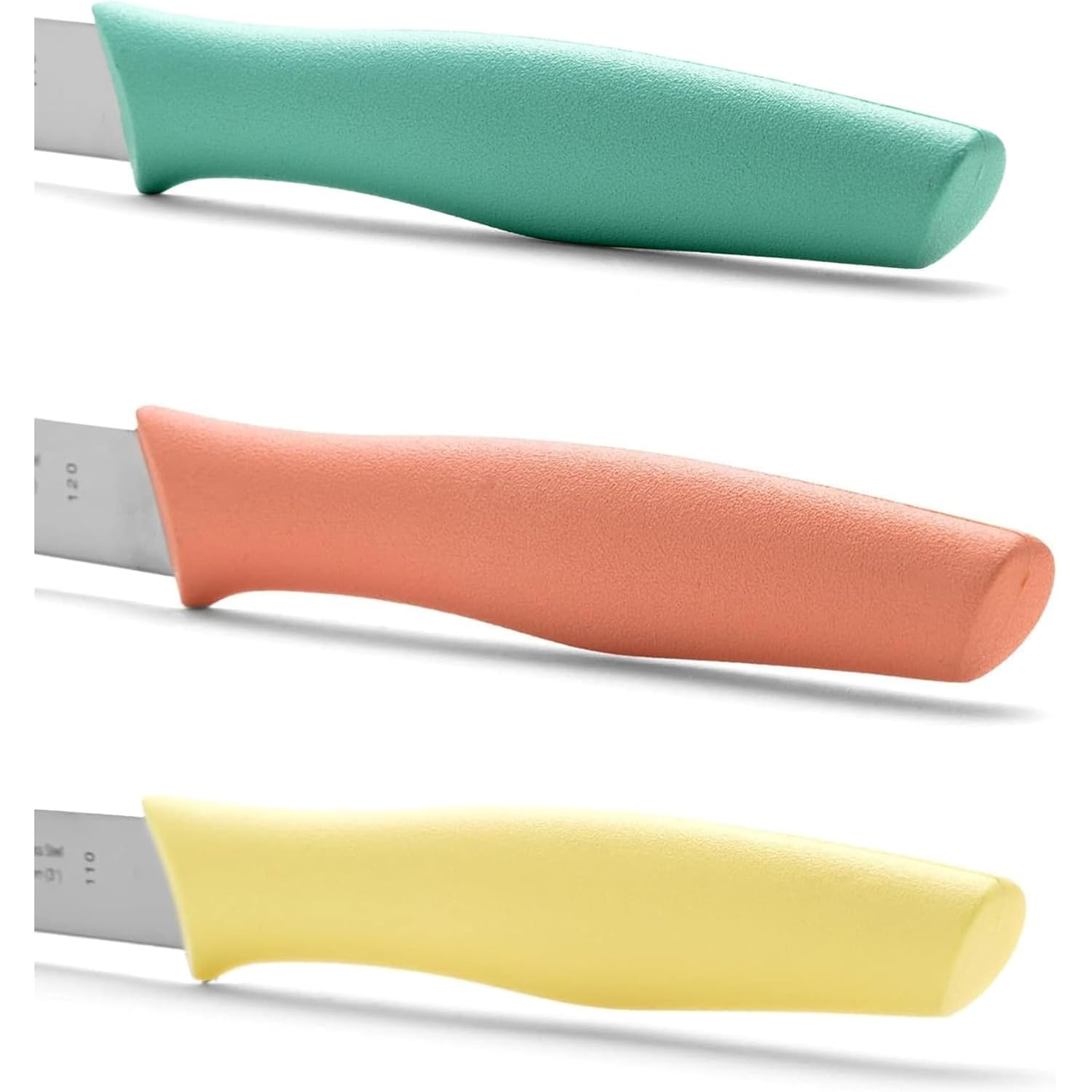 Arcos Paring Knife Set of 3 Pieces 4 Inch Stainless Steel. Colorful Kitchen Knives for Peeling Fruits and Vegetables. Ergonomic Polypropylene Handle. Series Nova. Color Orange, Yellow and Blue.